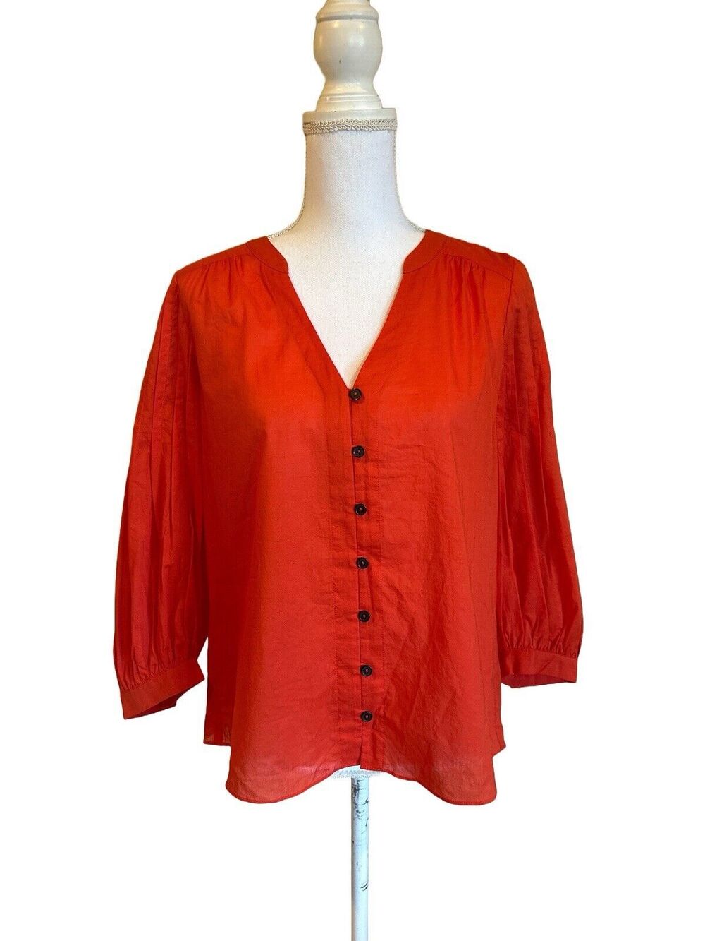 Parker Women's S Long Sleeve V-Neck Button Down Blouse Red Deep Orange Cotton